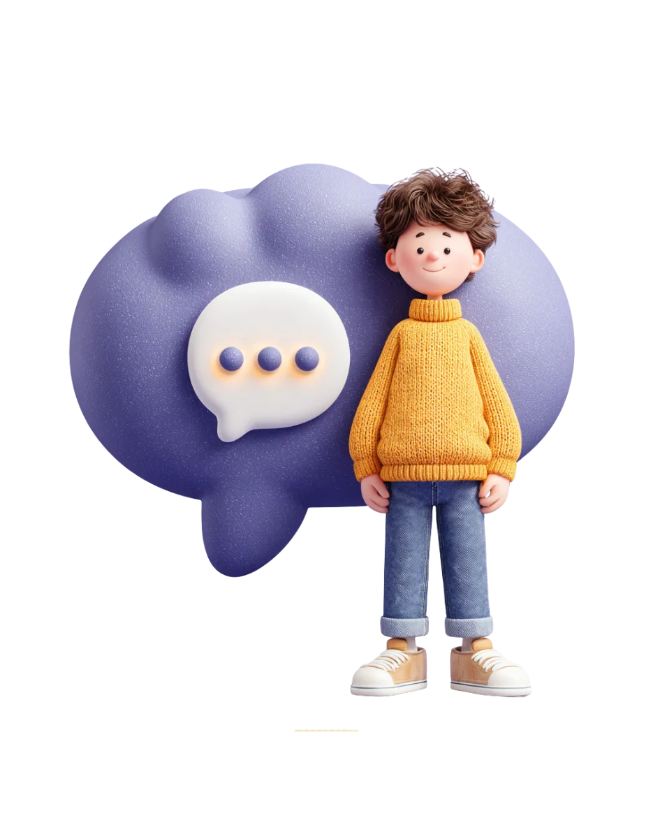 3D-иллюстрация мальчика на фоне облака с иконкой чата, символизирующая общение
